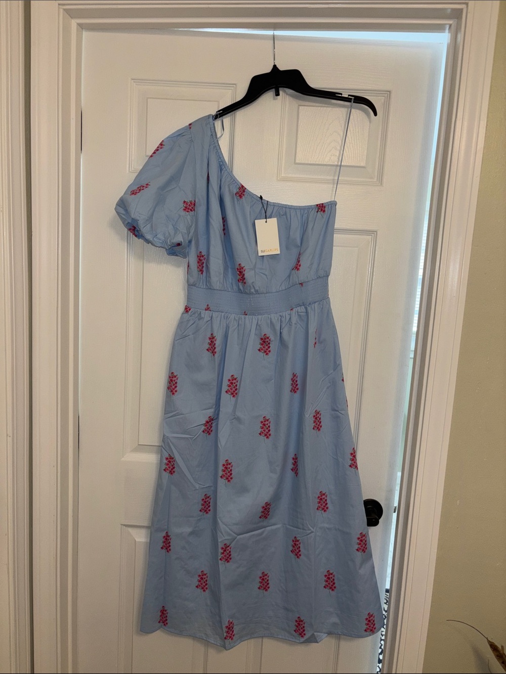 Sugar Lips Light Blue One-Shoulder Midi Dress with Pink Floral Print